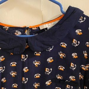 Telephone print blouse with Peter Pan collar